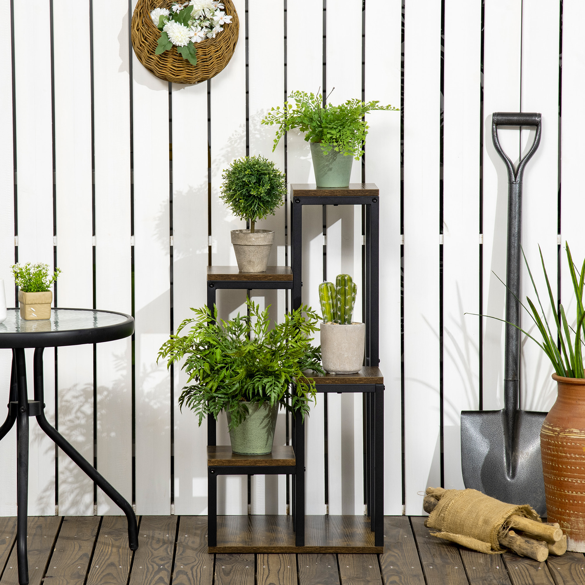 Support à fleurs style industriel 5 niveaux - porte plante 4 étagères - acier époxy noir aspect bois foncé