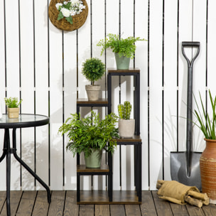 Support à fleurs style industriel 5 niveaux - porte plante 4 étagères - acier époxy noir aspect bois foncé