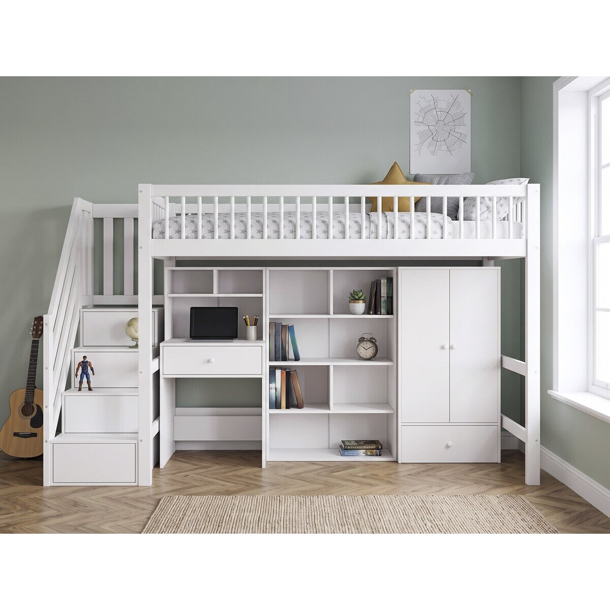 Lit mezzanine en bois avec dressing et bureau intégré "Amélia" - 90 x 190 cm - Blanc