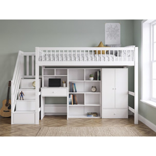 Lit mezzanine en bois avec dressing et bureau intégré "Amélia" - 90 x 190 cm - Blanc