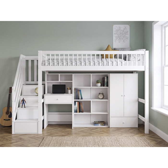 Lit mezzanine en bois avec dressing et bureau intégré "Amélia" - 90 x 190 cm - Blanc