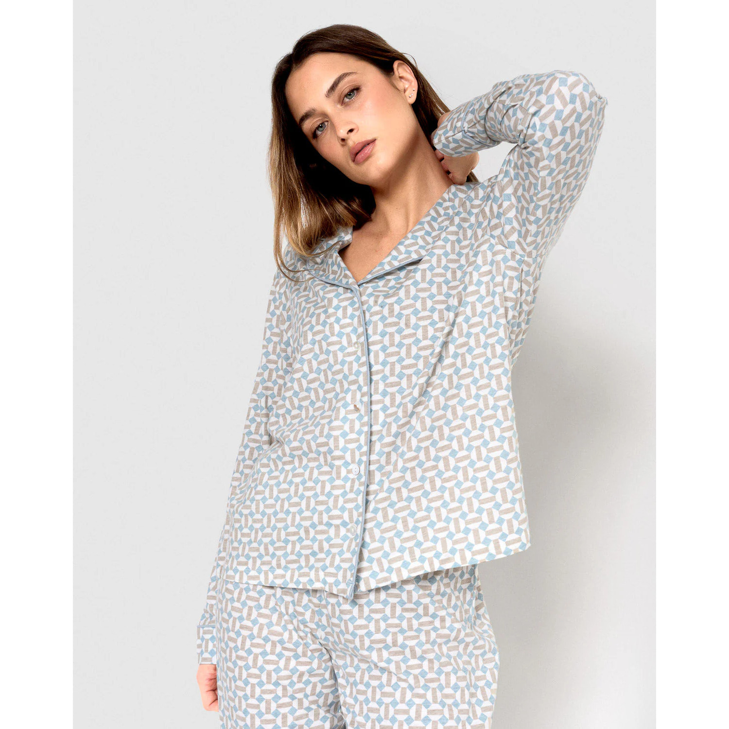 Pigiama lungo in cotone stile camicia color indaco