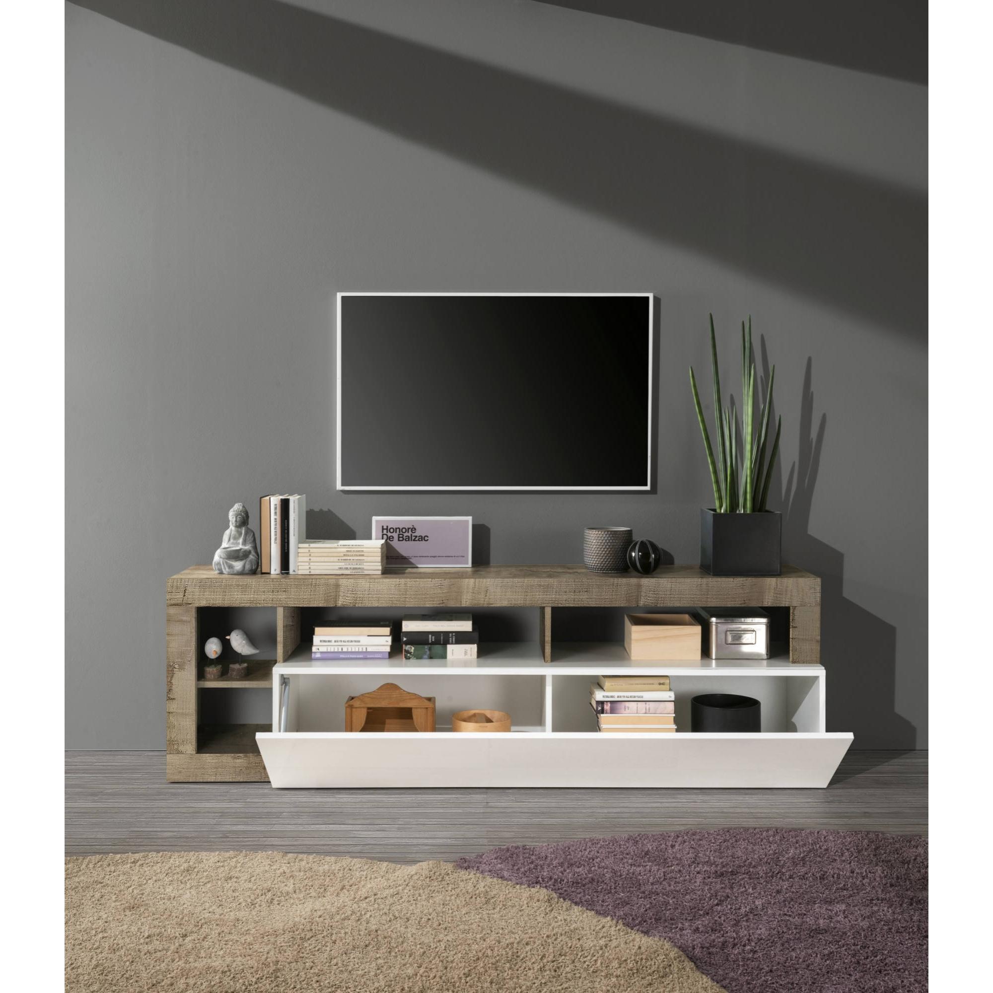 Mobile da soggiorno Porta TV, Made in Italy, Credenza per TV da salotto a 1 anta e vani aperti, cm 184x42h58, colore Bianco lucido e Pero