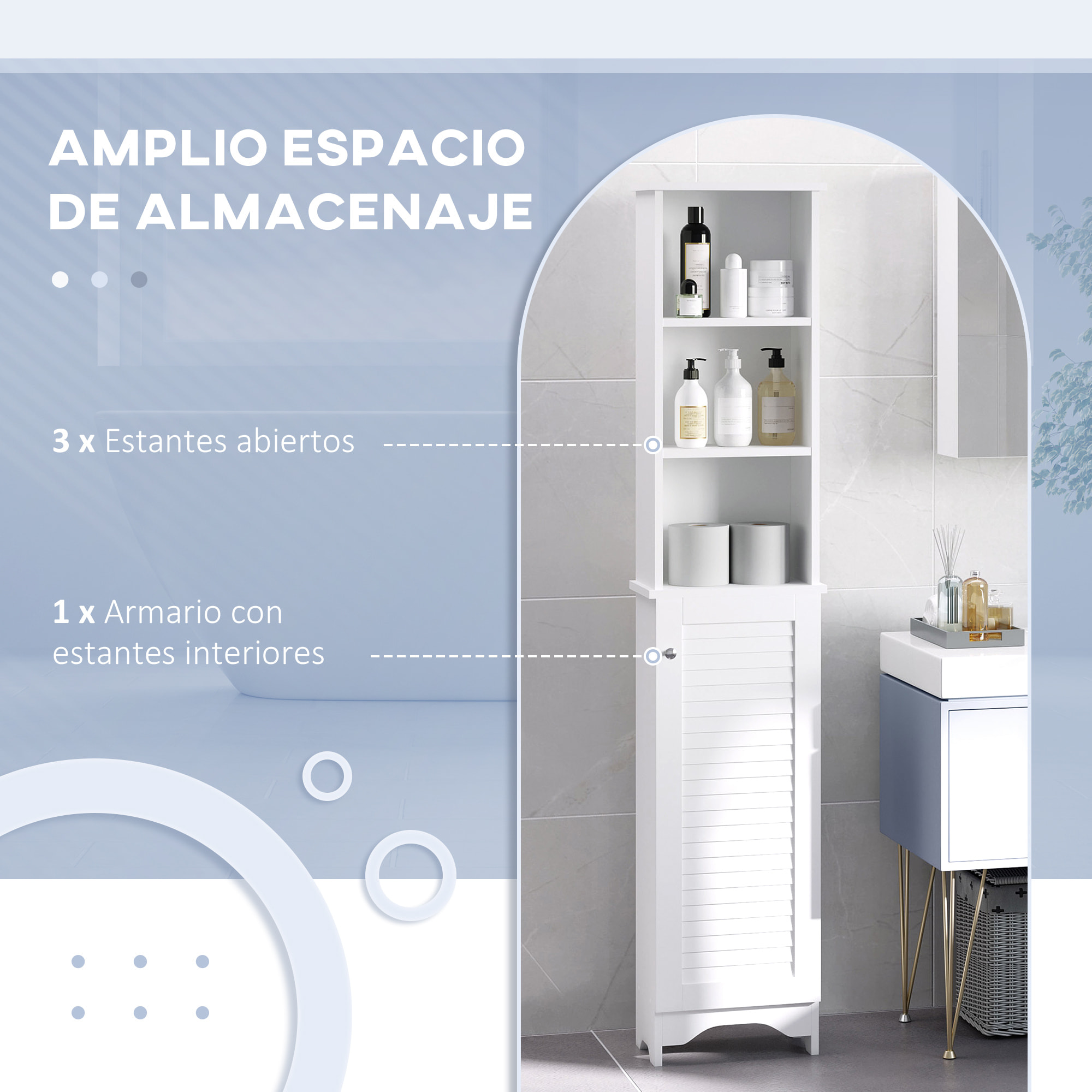 Armario Alto de Baño con 1 Puerta 3 Estantes Balda Ajustable 34x20x165 cm Blanco