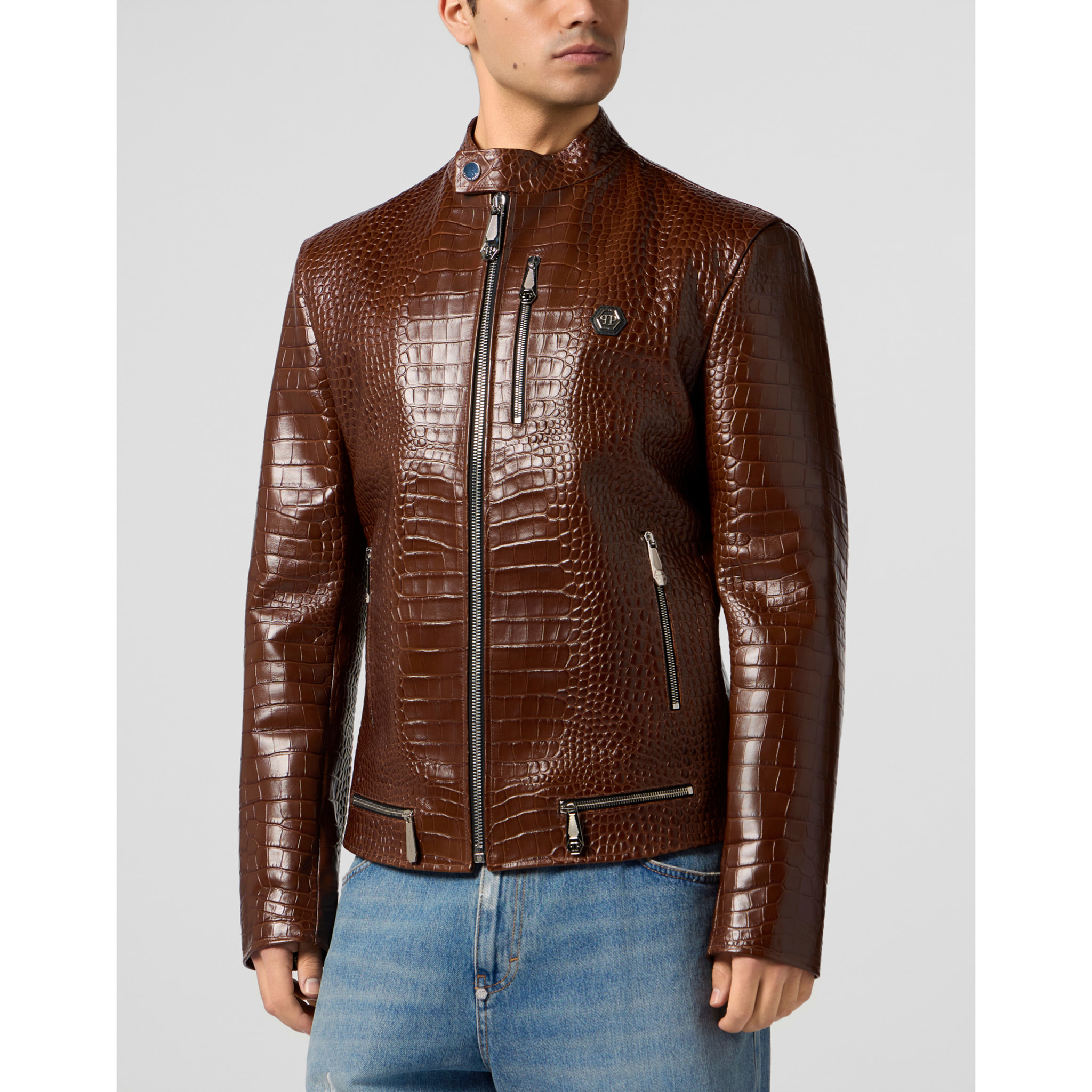 PHILIPP PLEIN Leather Moto Jacket Cocco
