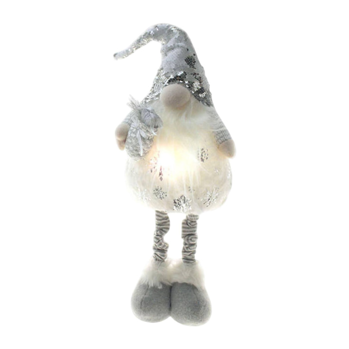 Gnomo decorativo navideño en color plata h.54cm con luces led