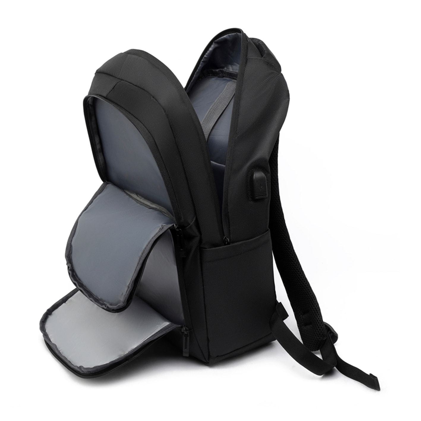 Zaino da viaggio altamente resistente e impermeabile con connessione USB. Imbottito, ventilato e con maniglia trolley.