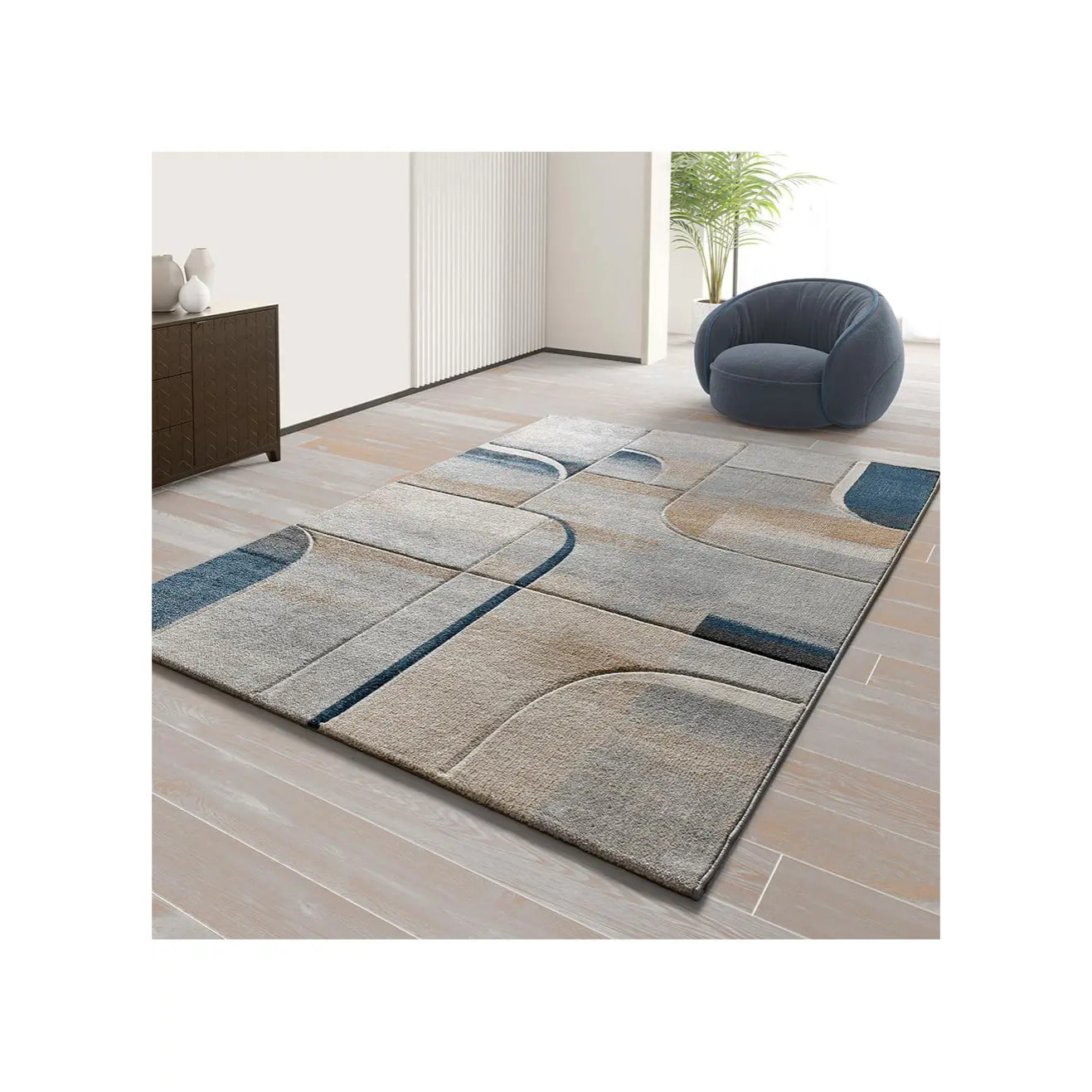 MEDEL Alfombra geométrica de pelo corto en azul, varias medidas disponibles