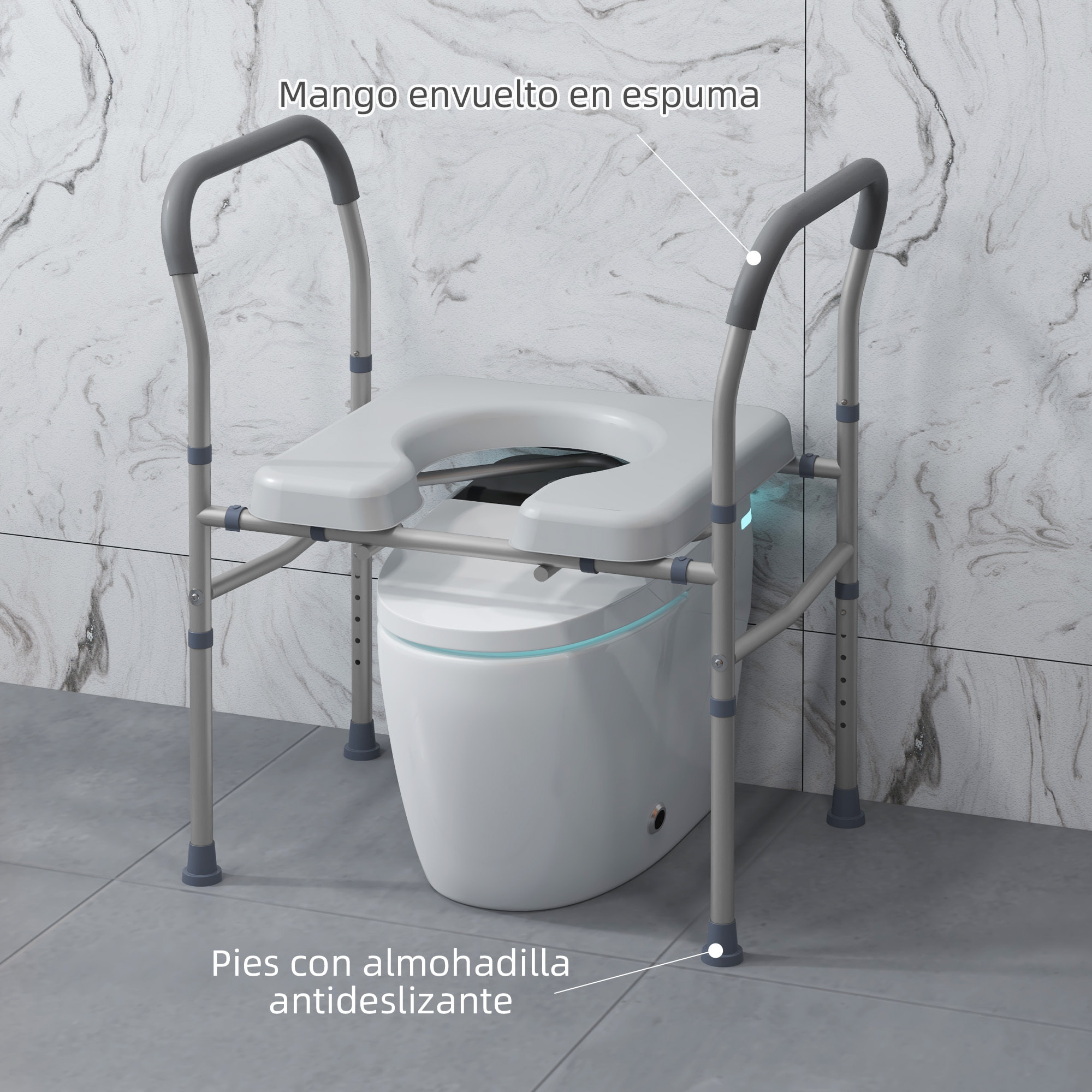 HOMCOM Silla WC Personas Mayores 4 en 1 Silla con Inodoro de Aluminio Silla de Ducha con Altura Ajustable y Almohadillas Antideslizantes Carga 136 kg para Discapacitados Embarazadas Gris