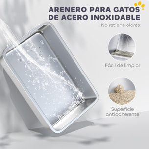 Arenero para Gatos de Acero Inoxidable XXL Caja de Arena para Gatos Arenero con Borde Alto Pala Fácil de Limpiar Prueba de Fugas 70x50x30 cm Gris