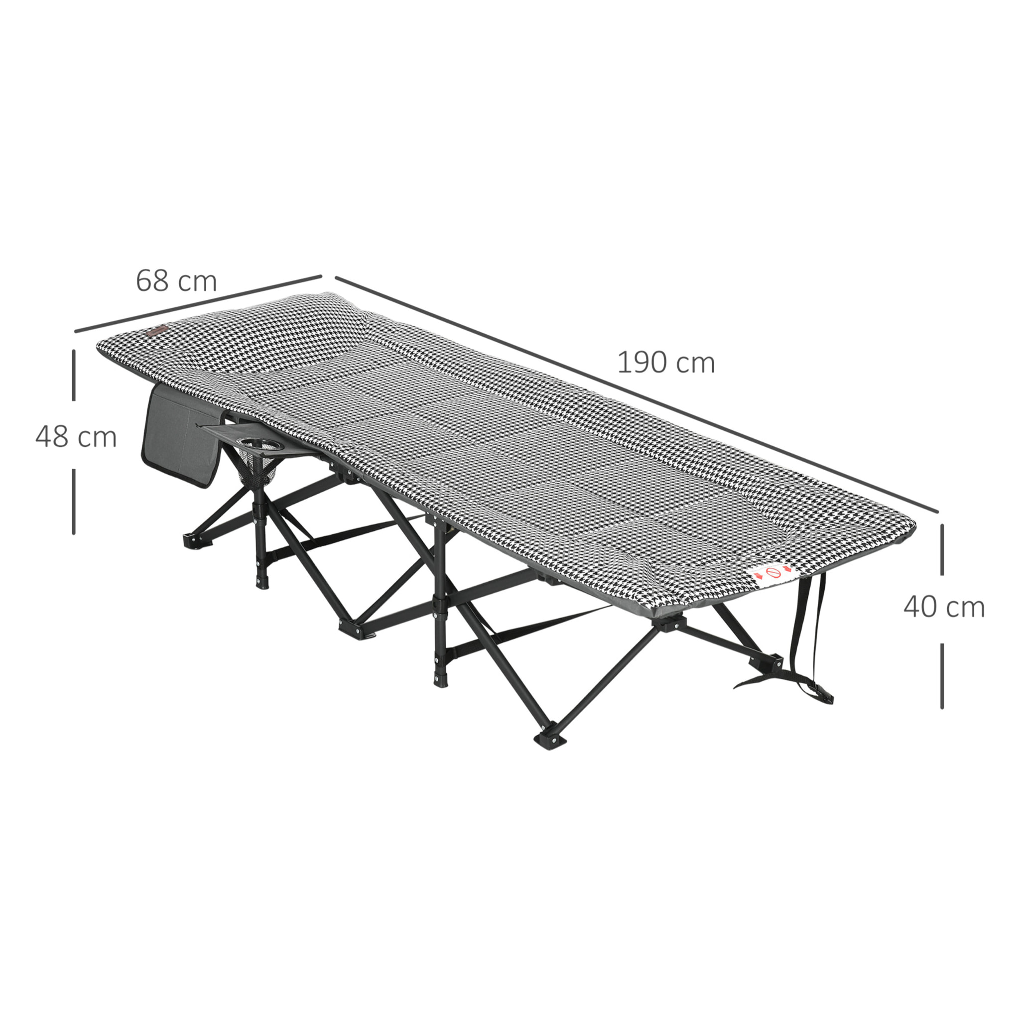 Lit de camp pliable portable design sac de transport matelas intégré motif pied-de-poule noir blanc