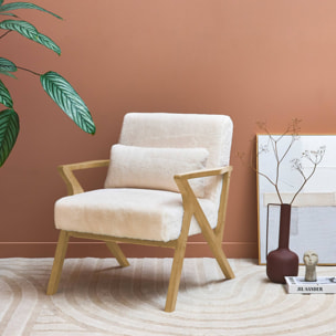 Fauteuil scandinave bois d'hévéa et tissu effet fausse fourrure blanc crème