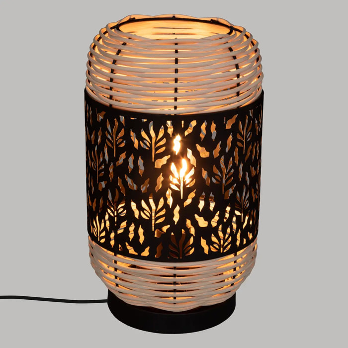 Lampe cylindre "Cosy" - métal et rotin - noir - H30 cm