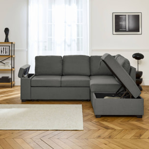 Canapé d'angle convertible. 3 places en tissu gris foncé avec pouf