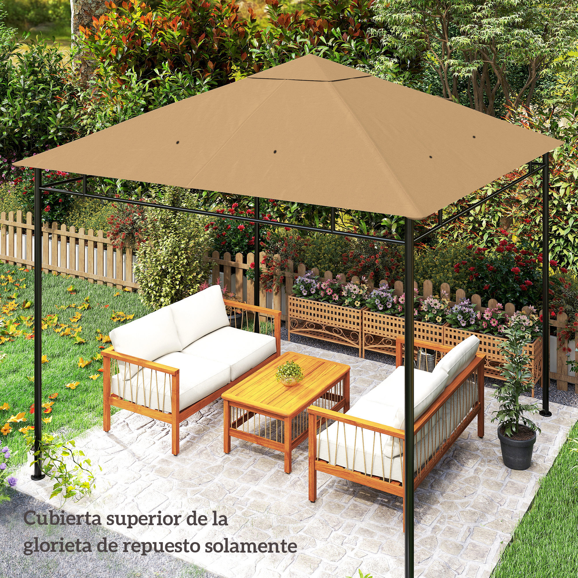 Outsunny Techo de Repuesto para Cenador, 3x3 m, Cubierta de Repuesto con 8 Orificios de Drenaje, Ventilación y Protección UV, SOLO Toldo de Recambio para Pabellón Gazebo, Beige