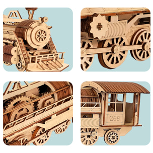 Maqueta de Madera 3D, con movimiento mecánico diseño de Tren de Vapor. 252 piezas.