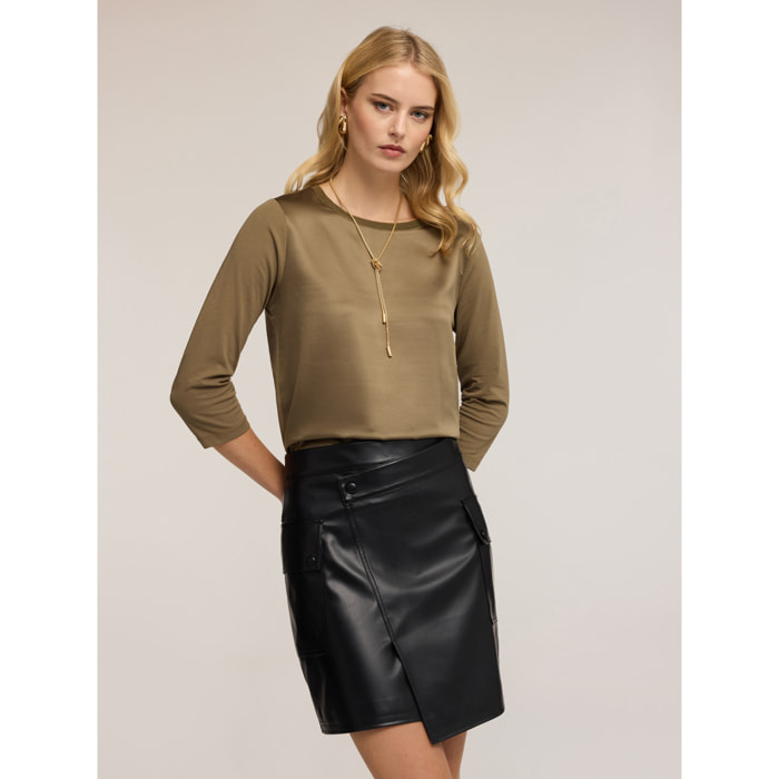 Motivi - T-shirt basic bimaterica - Verde militare