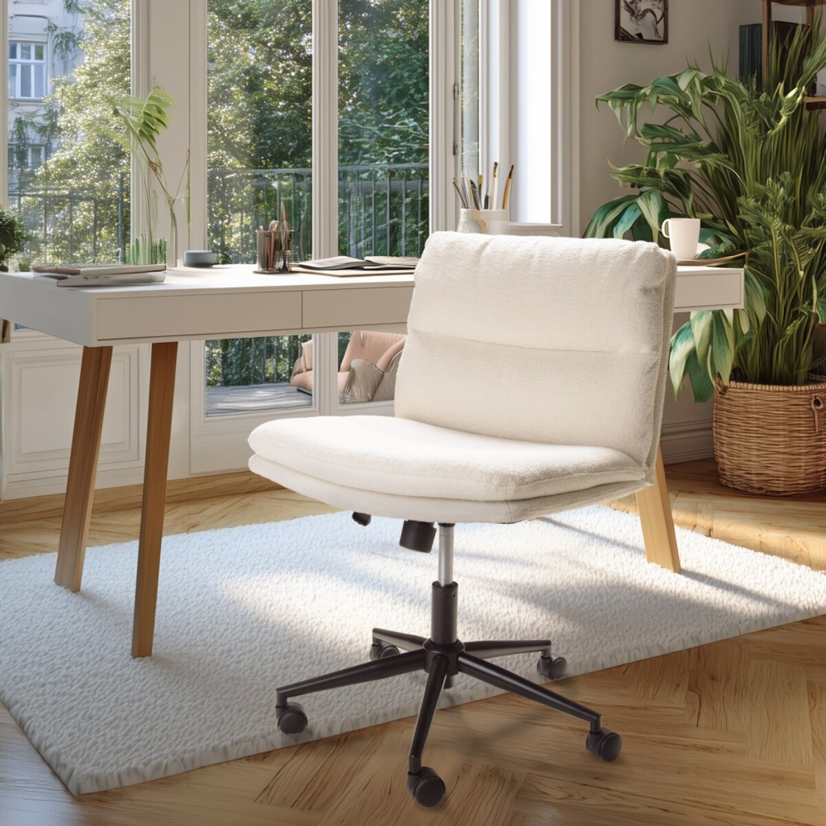 MINA - Chaise de bureau à roulettes en tissu écru dossier carré