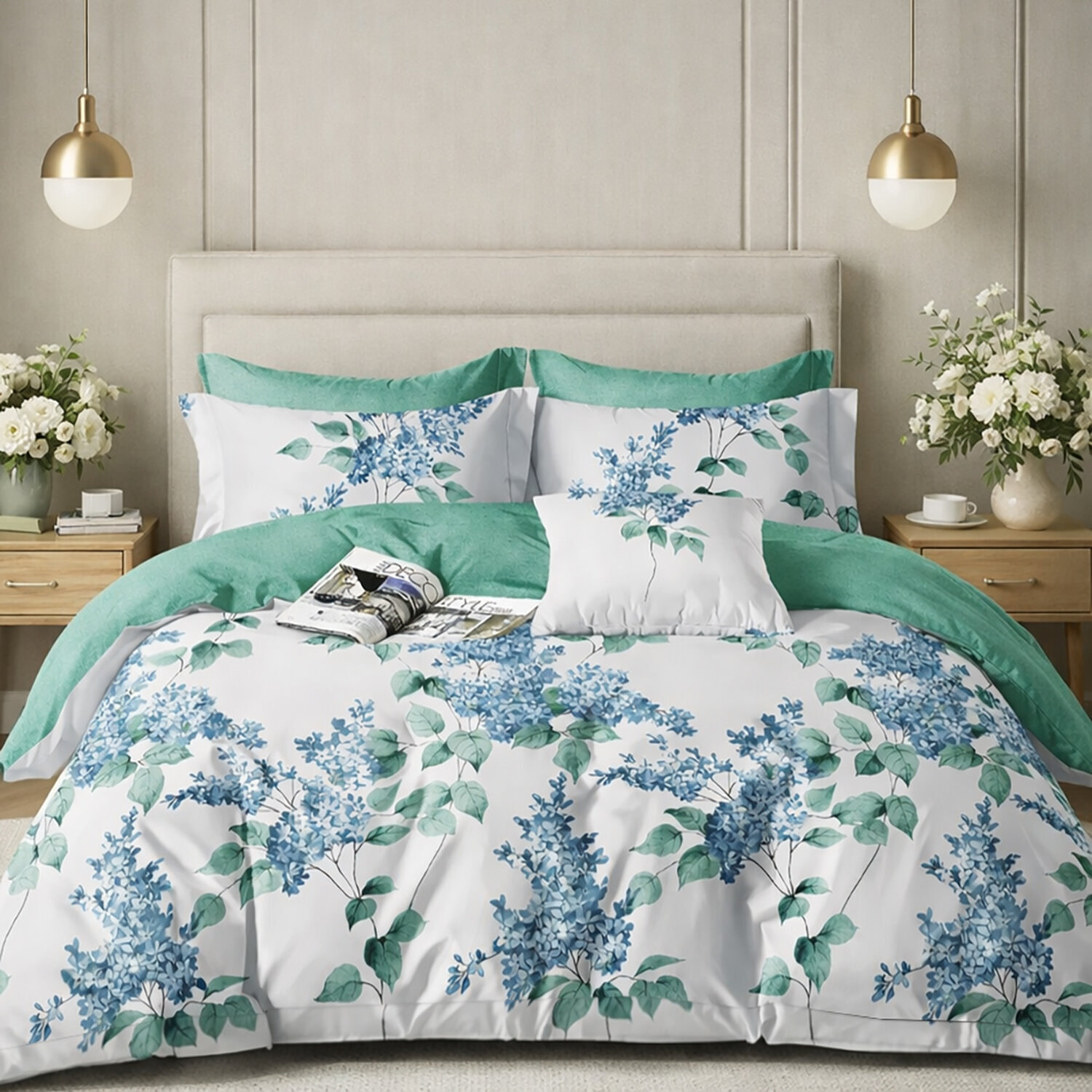 Parure housse de couette 100% percale de coton motif floral - blanc et vert
