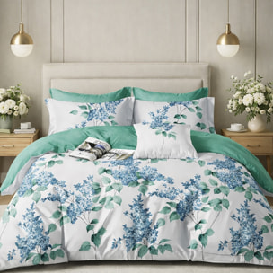 Parure housse de couette 100% percale de coton motif floral - blanc et vert