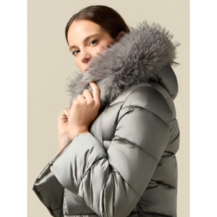 Oltre - Plumífero midi con capucha y borde peludo - Gris