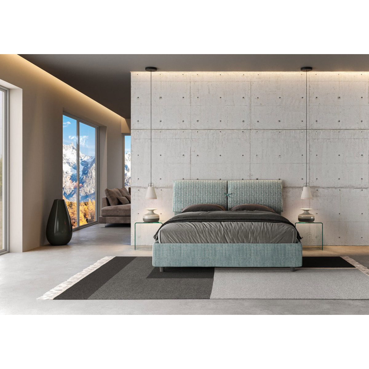 Letto matrimoniale contenitore imbottito 160x200 tessuto Aragona 7 azzurro Mados