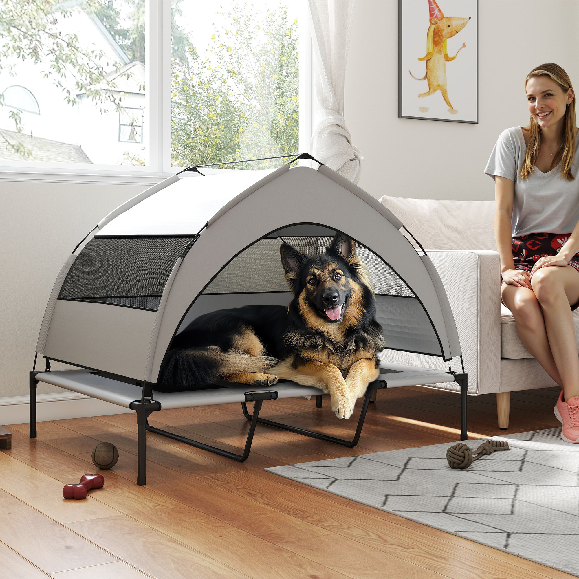 Lit pour chien sur pieds grande taille XXL avec auvent gris
