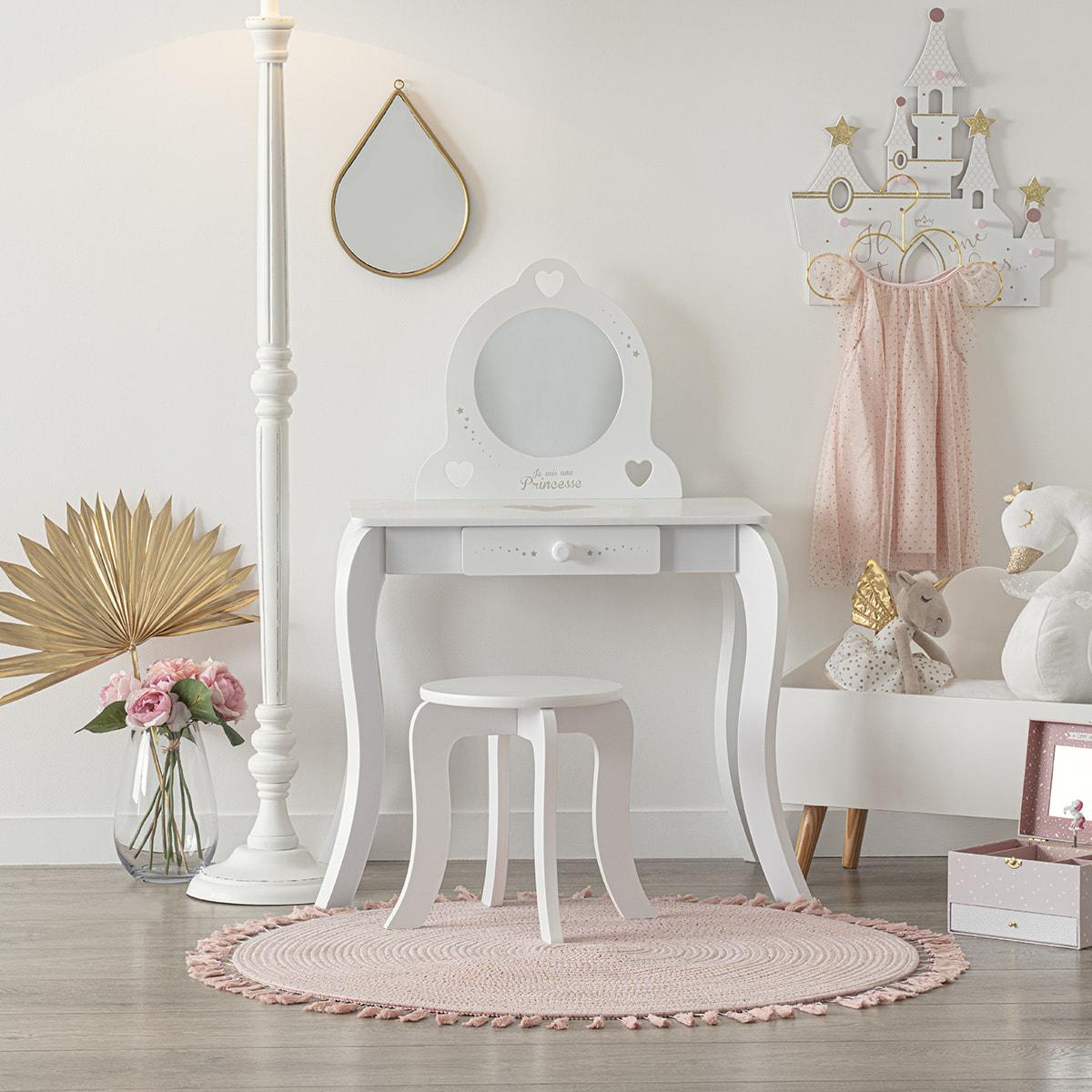 Coiffeuse et tabouret "Demoiselle" enfant blanc L71,5cm