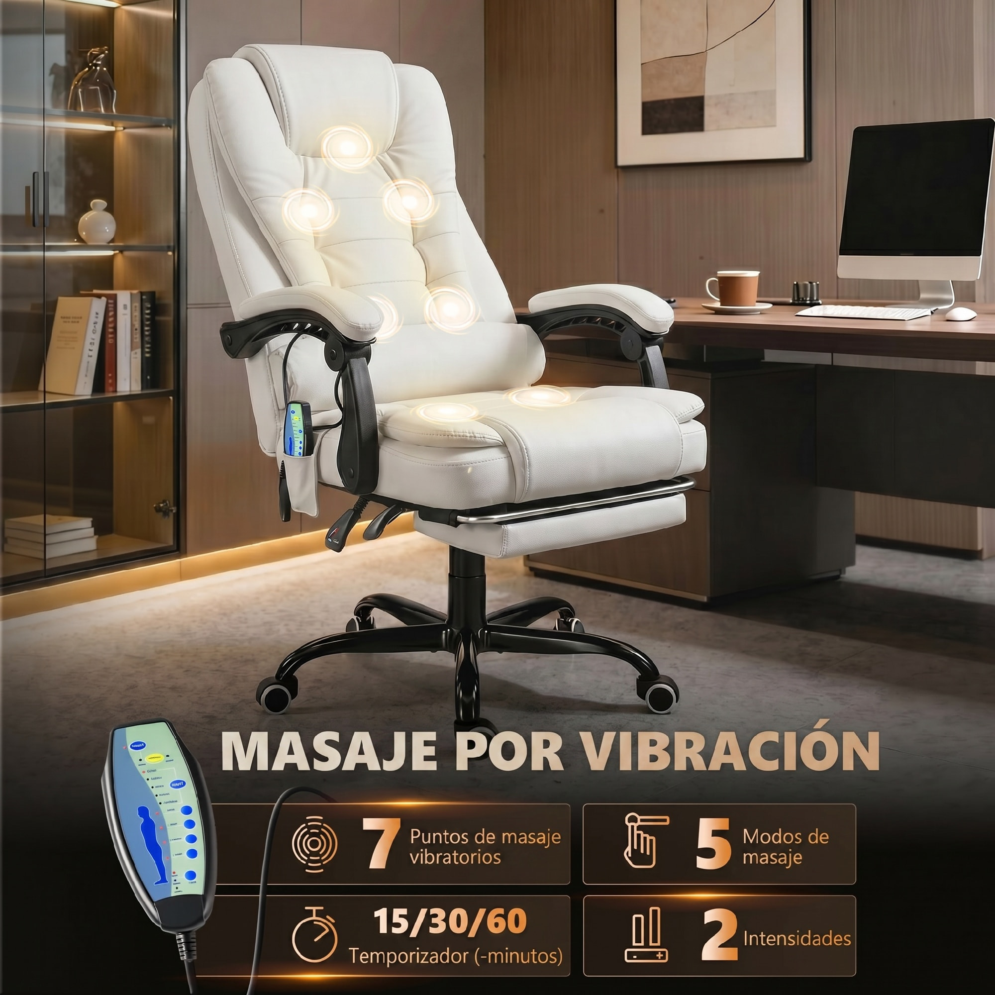 Silla de Oficina con Masaje Vibratorio de 7 Puntos, Silla de Escritorio Giratoria Reclinable con Reposapiés Retráctil, Altura Ajustable, Respaldo Alto, Control Remoto y Tejido de PU, Blanco