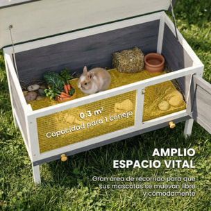 Conejera de Madera, Jaula para Conejos Medianos con Techo Asfáltico Abatible, Bandeja Extraíble, Puerta con Pestillo, Conejera Elevada Exterior, para Cobayas y Chinchillas, 90x45x65 cm, Gris