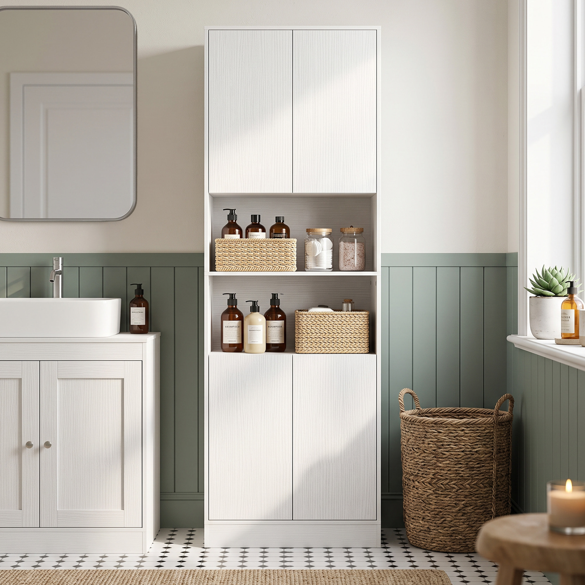 Alacena de Cocina Alta, Mueble Auxiliar de Cocina con 4 Puertas con Bisagras de Cierre Suave, Estantes Ajustables, 2 Compartimentos Abiertos, para Comedor, Salón, 60x30x170 cm, Blanco