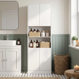 Alacena de Cocina Alta, Mueble Auxiliar de Cocina con 4 Puertas con Bisagras de Cierre Suave, Estantes Ajustables, 2 Compartimentos Abiertos, para Comedor, Salón, 60x30x170 cm, Blanco