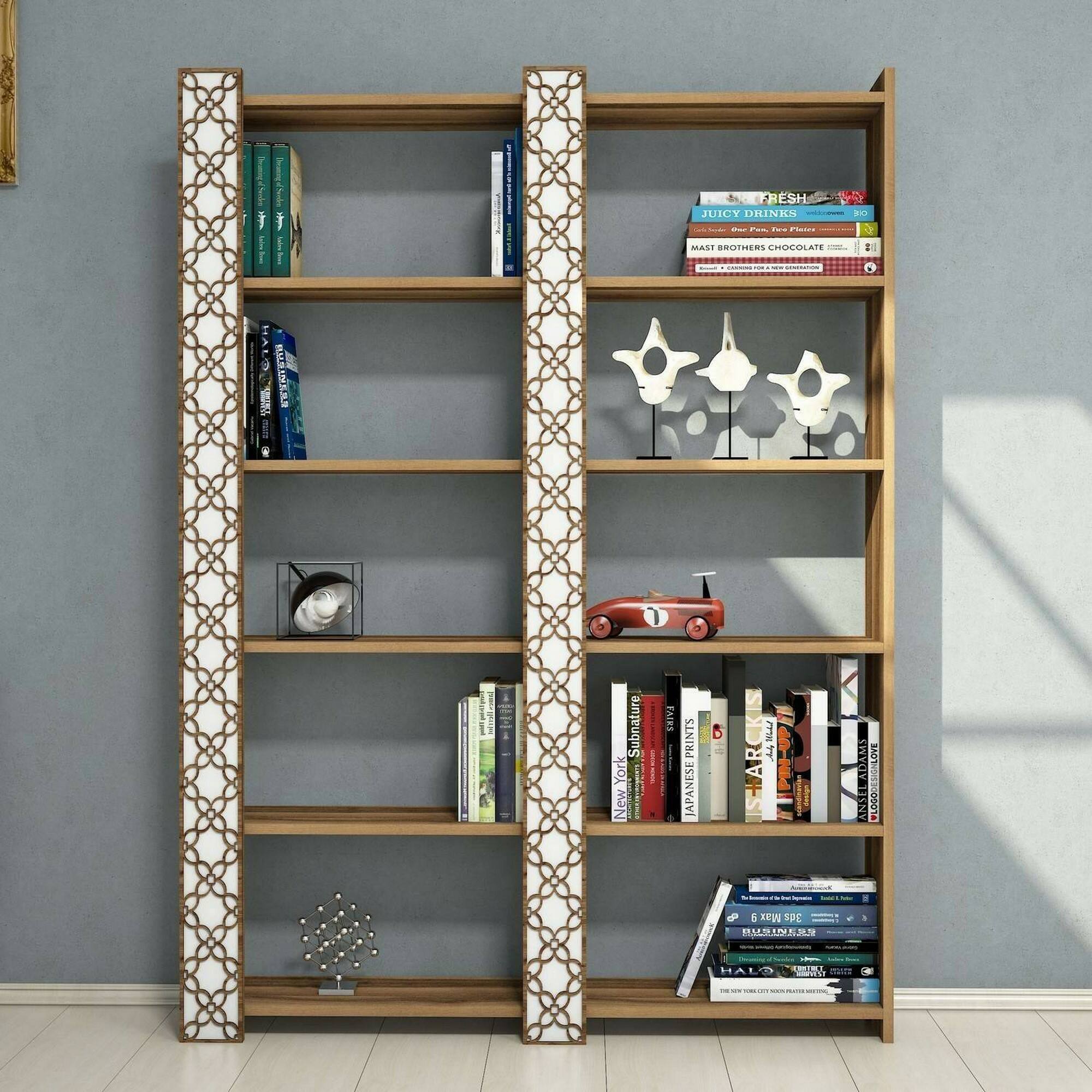 Libreria Vele, Scaffale da ufficio, Mobile portalibri, Biblioteca, 125x24h170 cm, Noce e Bianco