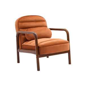 Fauteuil scandinave bois d'hévéa teinté noyer et tissu velours terracotta