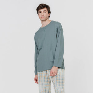Pijama largo algodón cuadro índigo verde