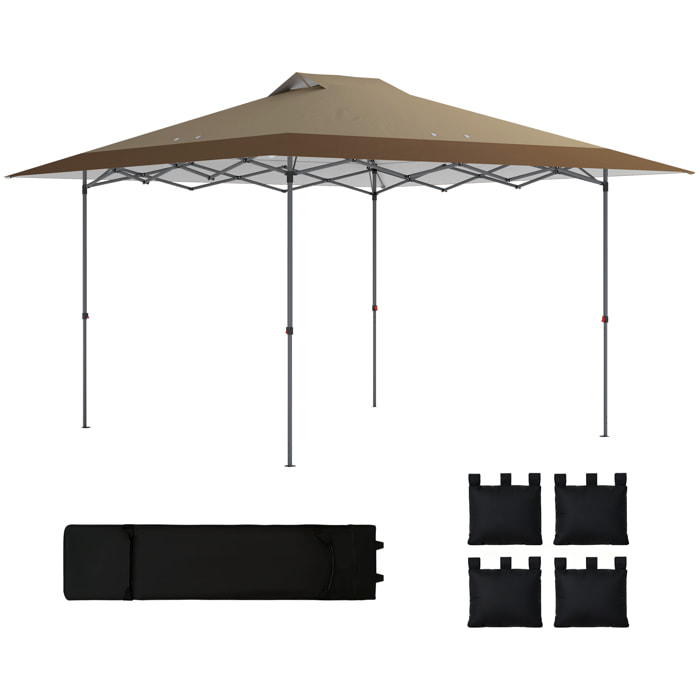 Carpa Plegable Pop-up Gazebo 4x4 m, Cenador Plegable con Bloqueo Central, UPF50+, Altura Ajustable, 4 Bolsas de Arena y Bolsa de Transporte con Ruedas, para Camping, Fiestas, Beige y Café