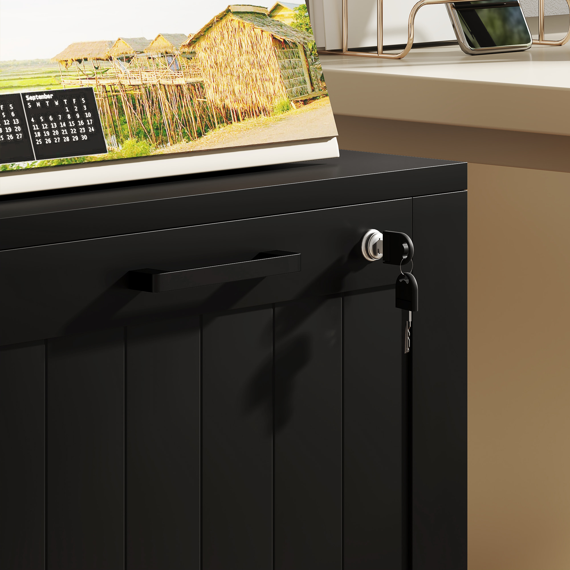 Caisson bureau 2 tiroirs verrouillables dossiers suspendus dim. 40x40x71cm MDF noir