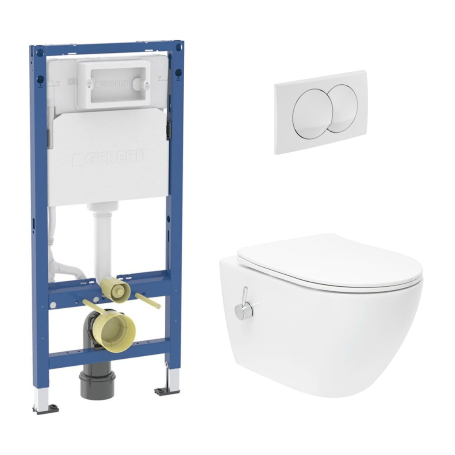 Pack WC bâti-support Geberit Duofix 112 cm + WC japonais suspendu sans bride avec abattant + plaque (GEBSTFUWR01-FR)