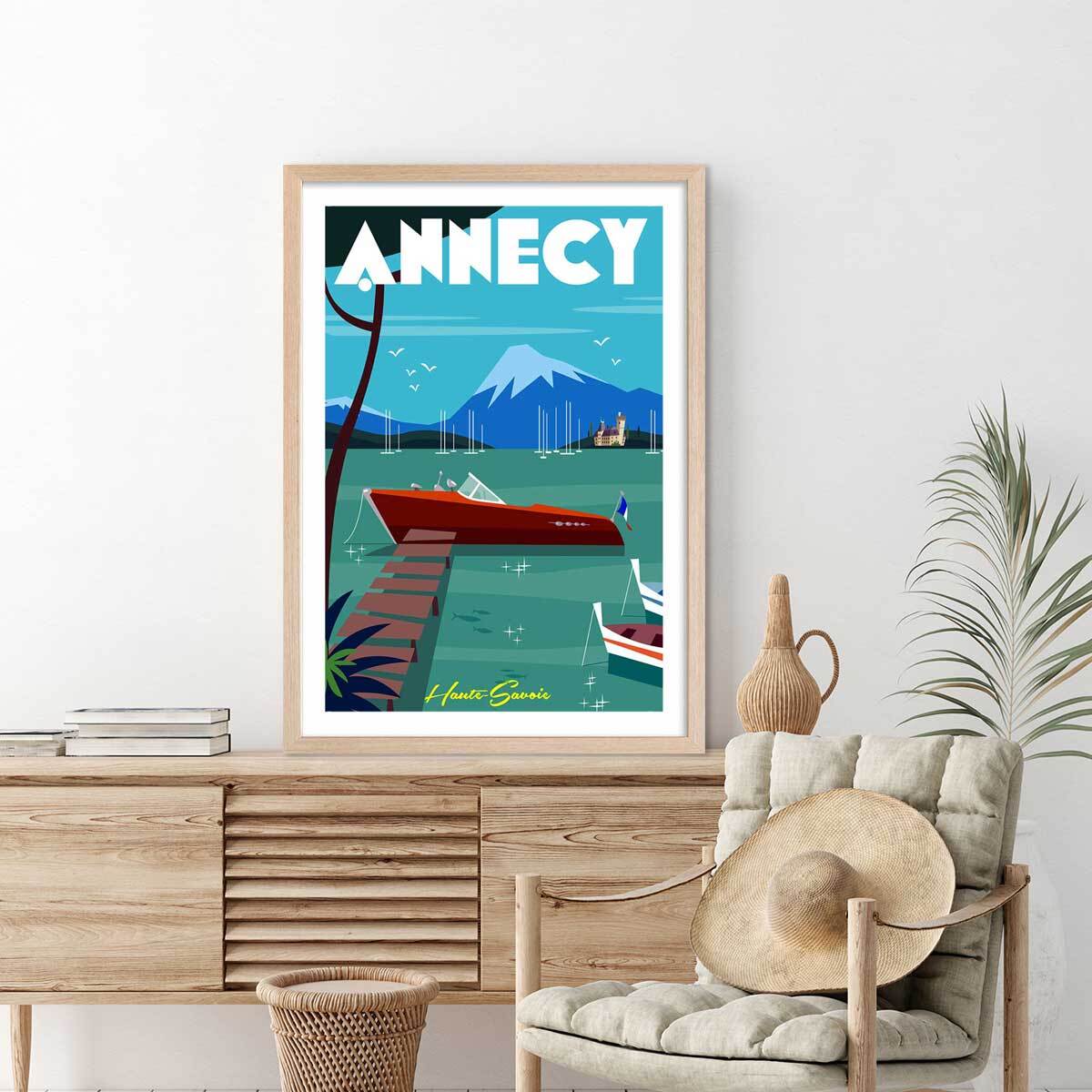 Poster de château et lac d' annecy Affiche + cadre en bois - Chêne
