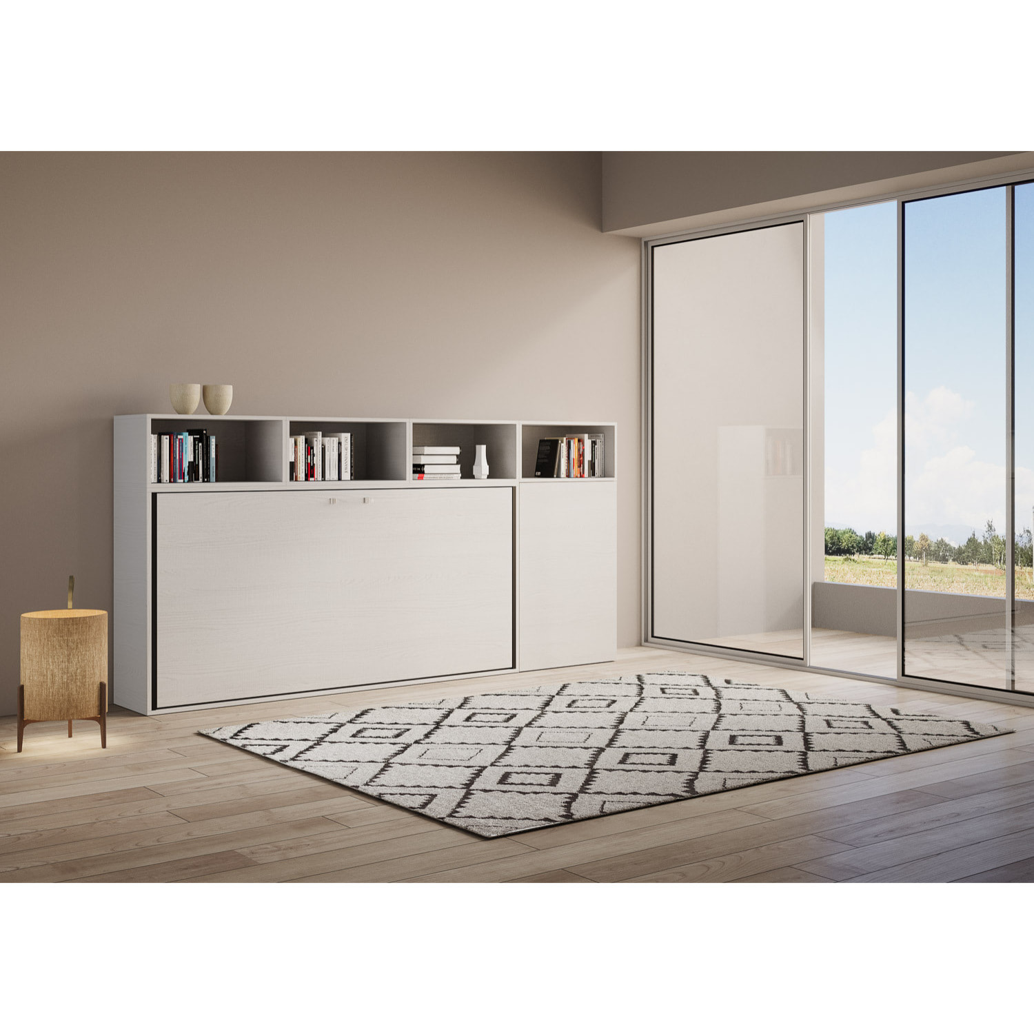 Armoire lit escamotable horizontal 1 couchage 85 Kando avec matelas composition A Frêne Blanc