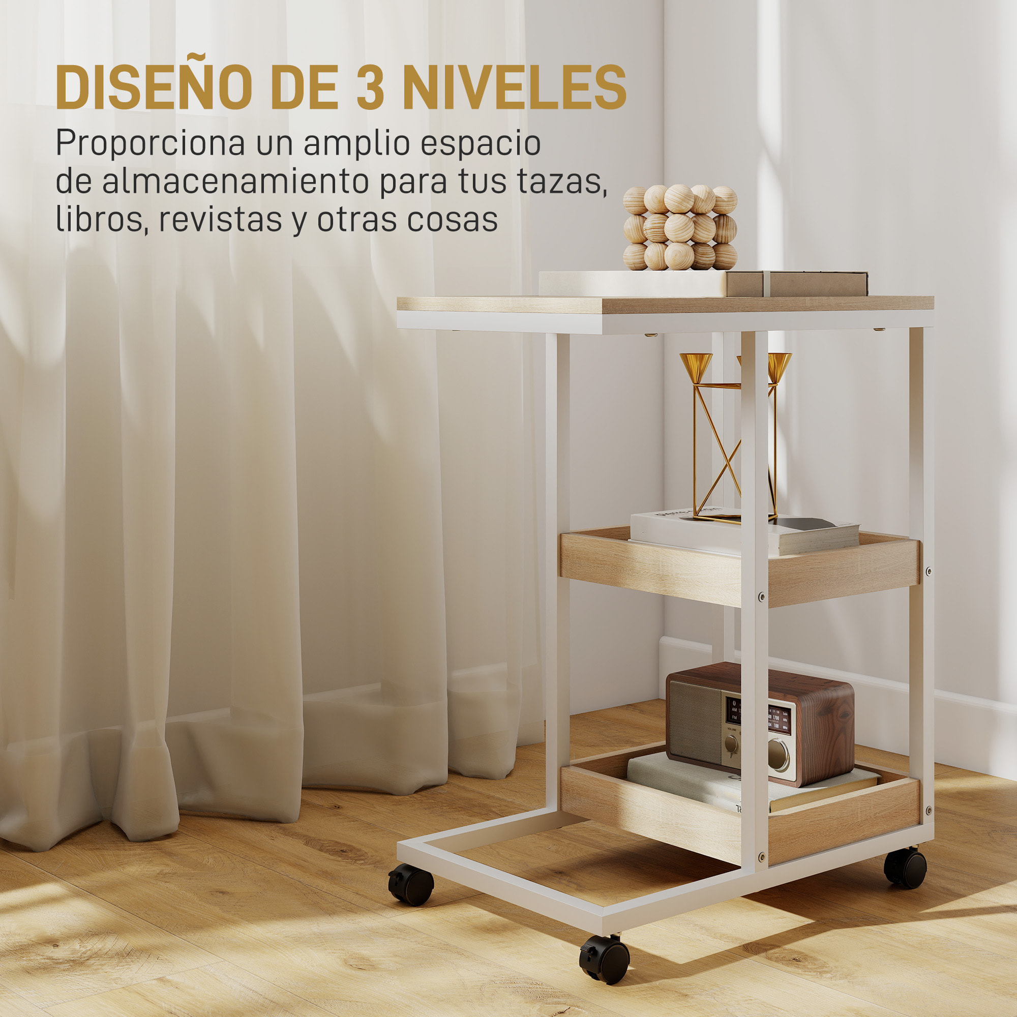 Mesa Auxiliar con Ruedas Mesa Auxiliar para Sofá en Forma de C con 2 Estantes Abiertos, Marco de Acero, para Salón, Dormitorio, 51x33x66 cm, Natural y Blanco