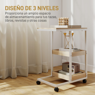Mesa Auxiliar con Ruedas Mesa Auxiliar para Sofá en Forma de C con 2 Estantes Abiertos, Marco de Acero, para Salón, Dormitorio, 51x33x66 cm, Natural y Blanco