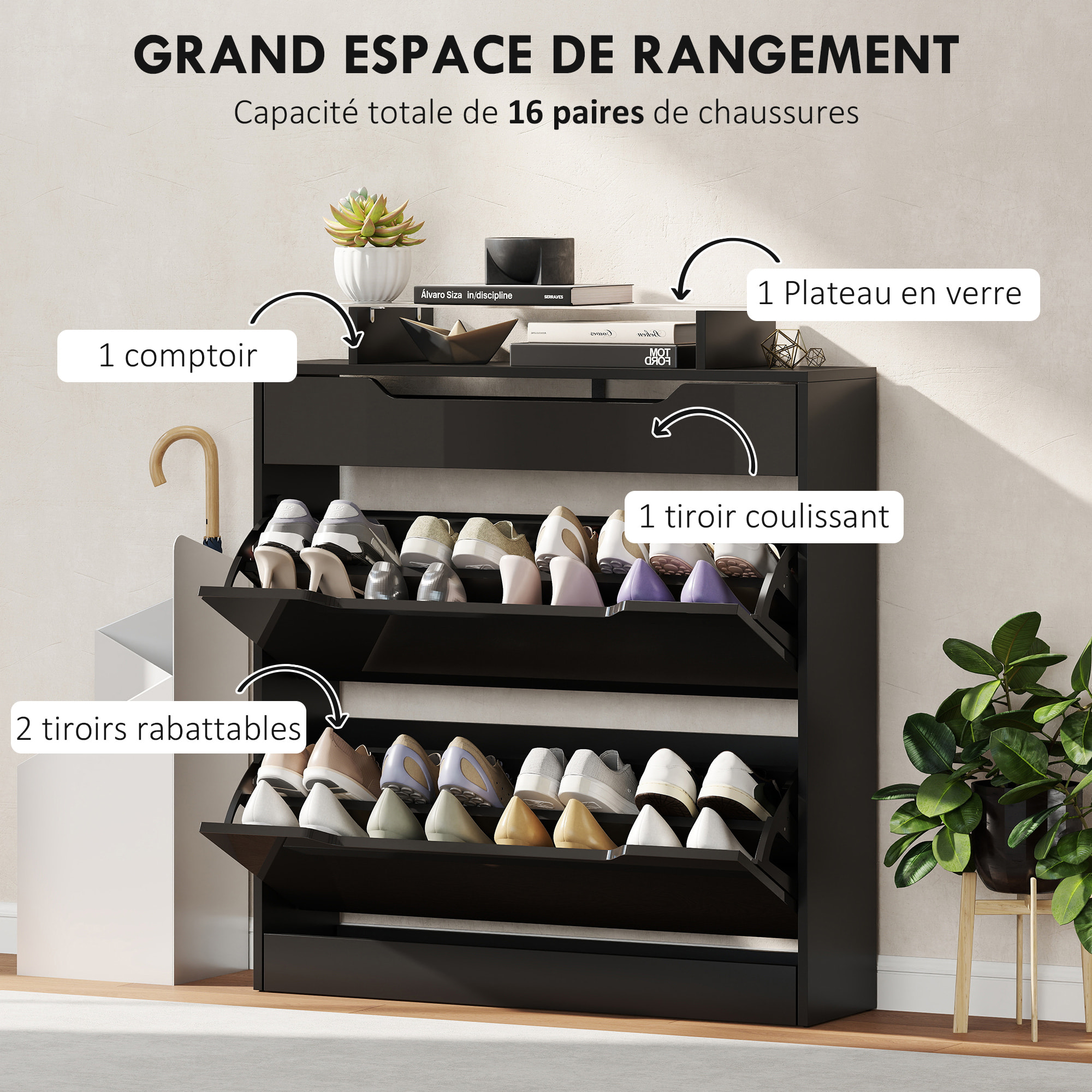 Armoire à chaussures 2 portes tiroir comptoir plateau verre noir
