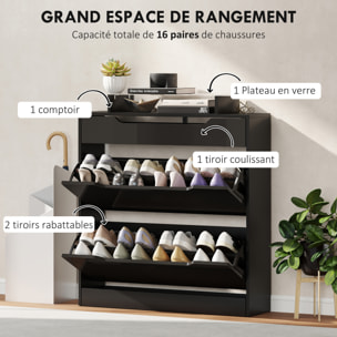 Armoire à chaussures 2 portes tiroir comptoir plateau verre noir