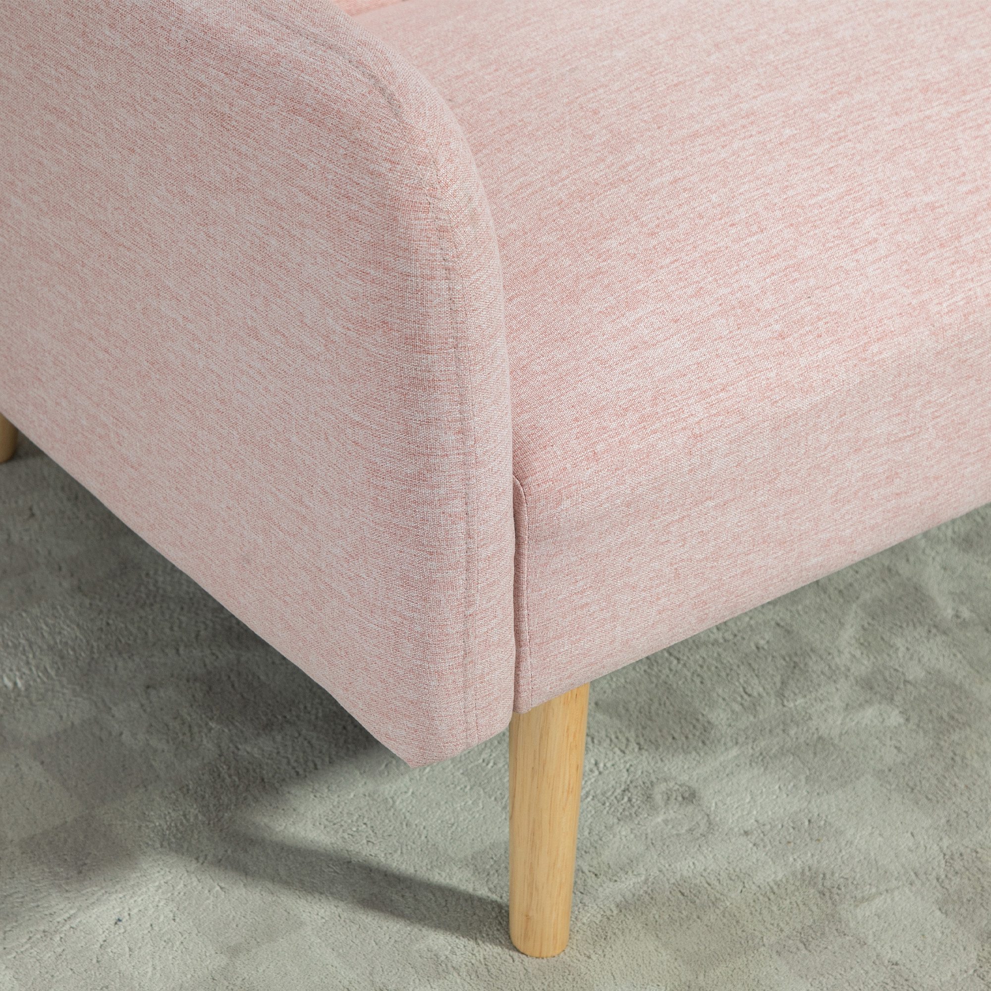 Canapé convertible 2 places design scandinave dossier inclinable 3 positions pieds bois tissu aspect lin rose