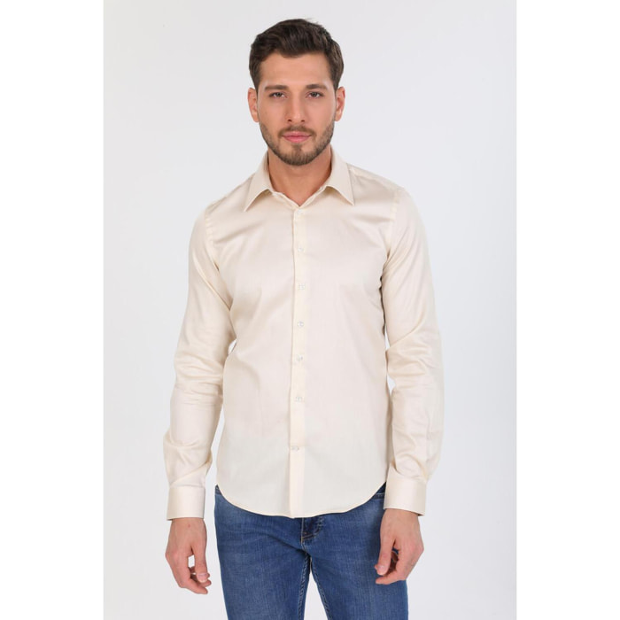 Camicia Uomo 1 Bottone Italiano Slim Satin Unito Champagne