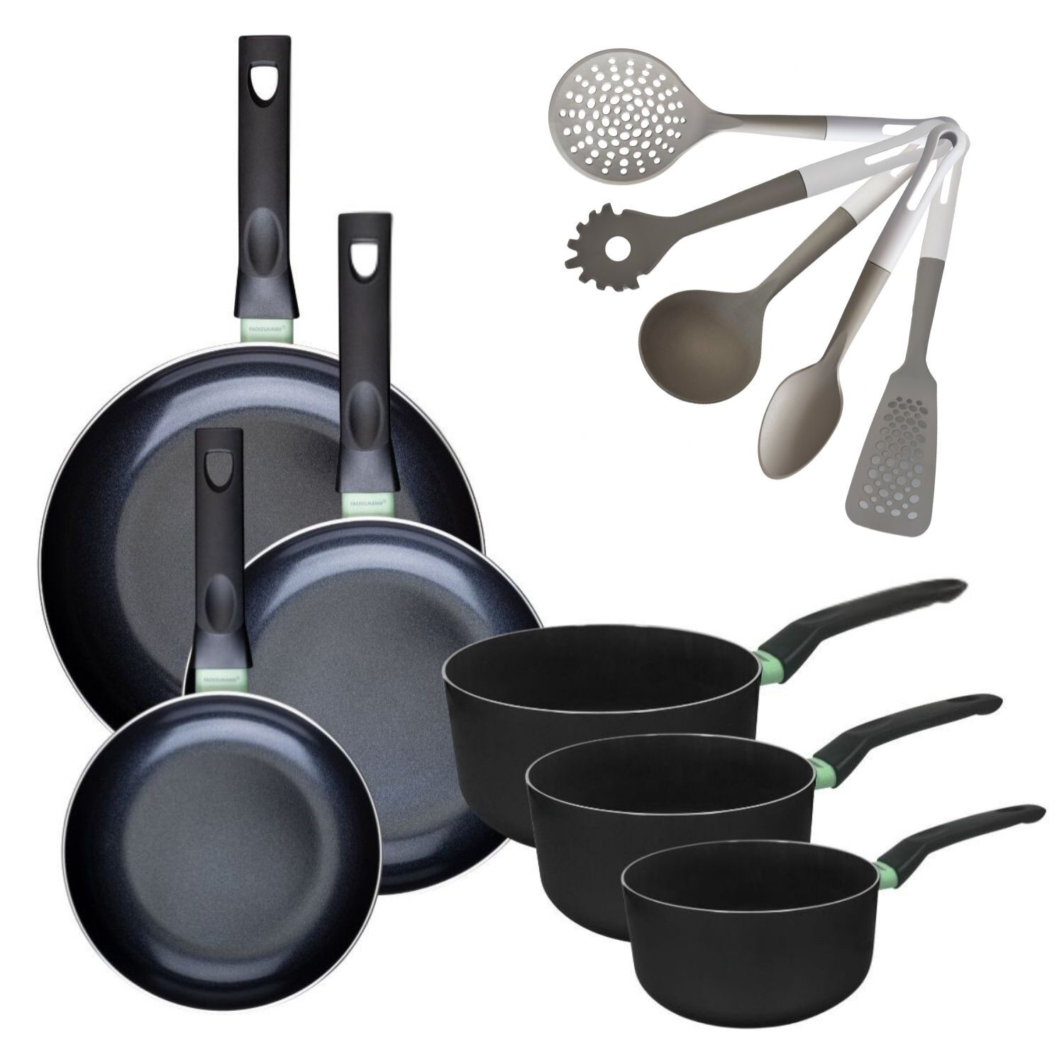 Lot de 3 Poêles et Casseroles Fackelmann Brandao avec 5 ustensiles Vario