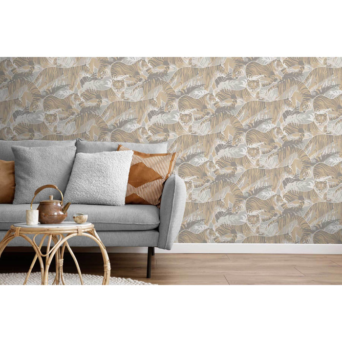 Papier peint tigres jungle beige et gris doux