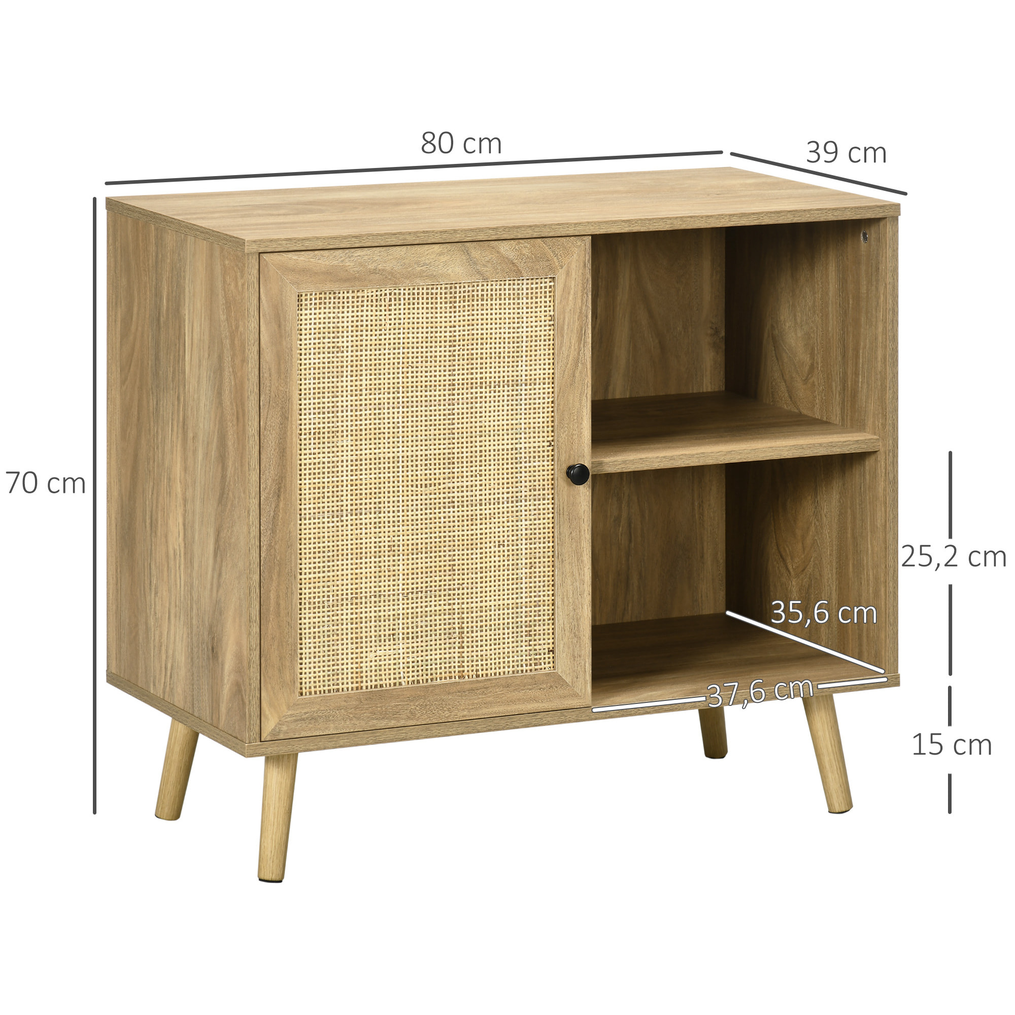 Aparador de Cocina Buffet de Comedor Mueble Auxiliar de Cocina con Puerta de Ratán y 2 Estantes de Almacenaje para Salón 80x39x70 cm Natural