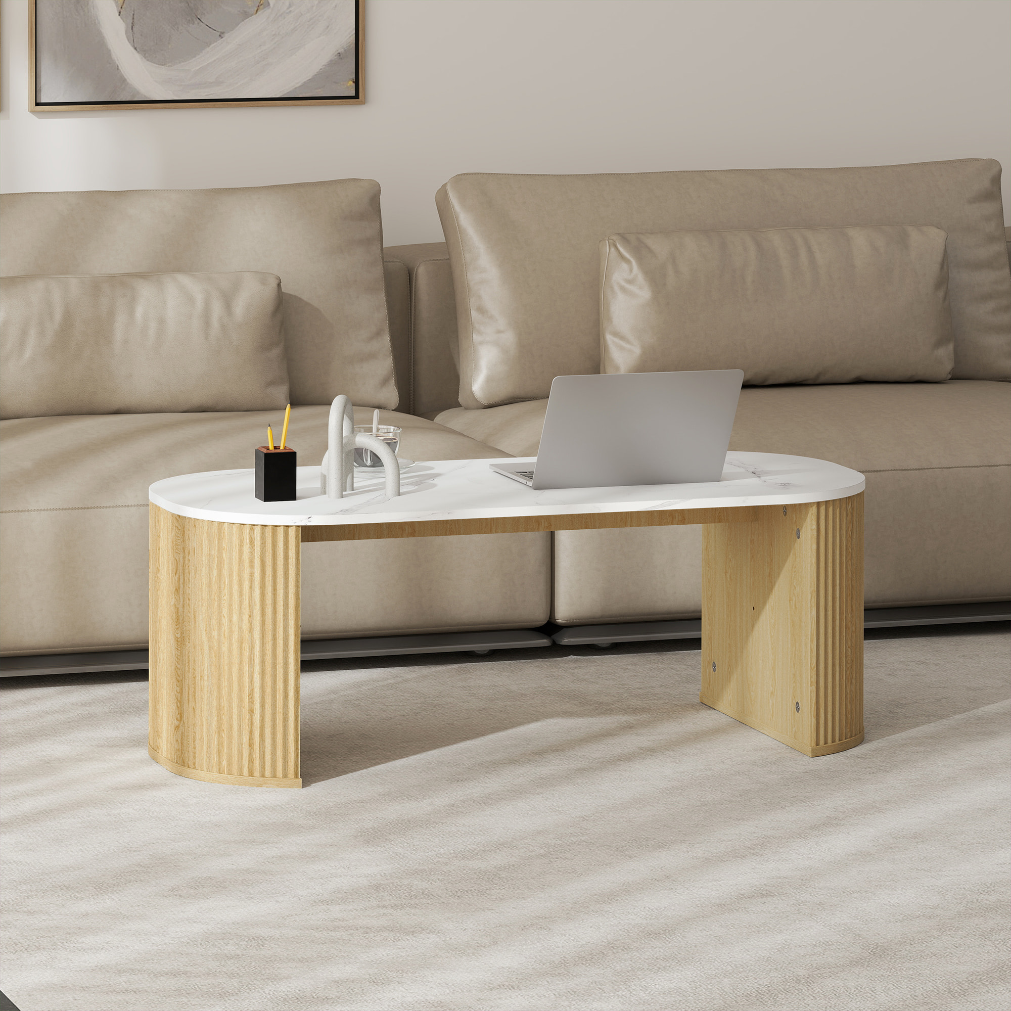 Table basse design ovale effet marbre blanc dim. 110 x 50 x 40 cm aspect bois clair